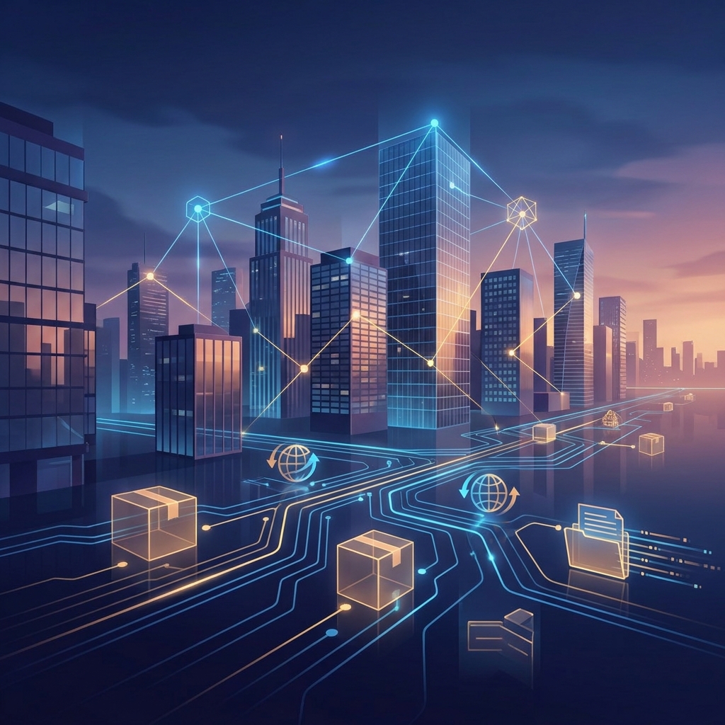 Content marketing automation for relocation companies illustrated as glowing data networks connecting a corporate cityscape