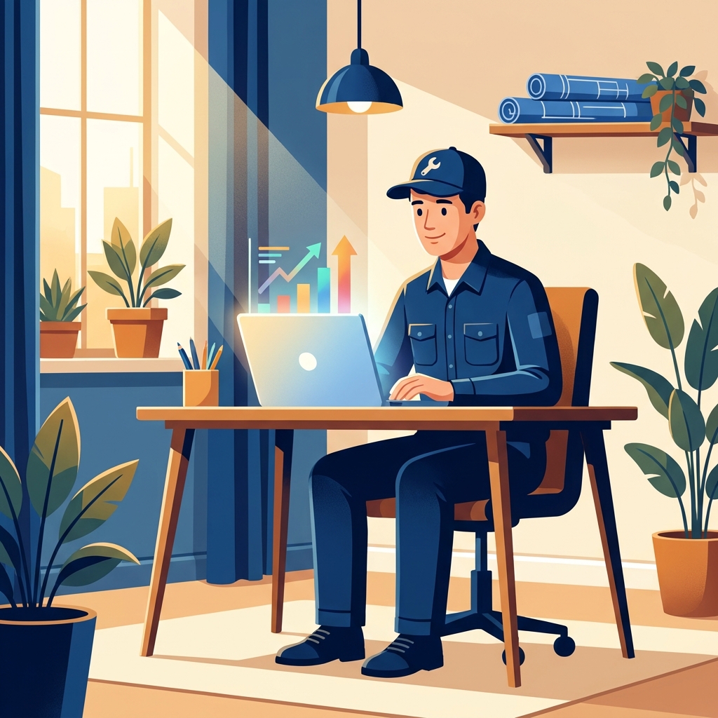Plumber reviewing content marketing analytics on laptop — content marketing for plumbing businesses