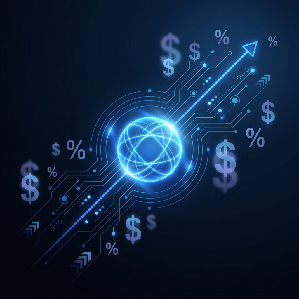 Abstract illustration representing generative engine optimization market size growth with glowing data nodes and upward curve
