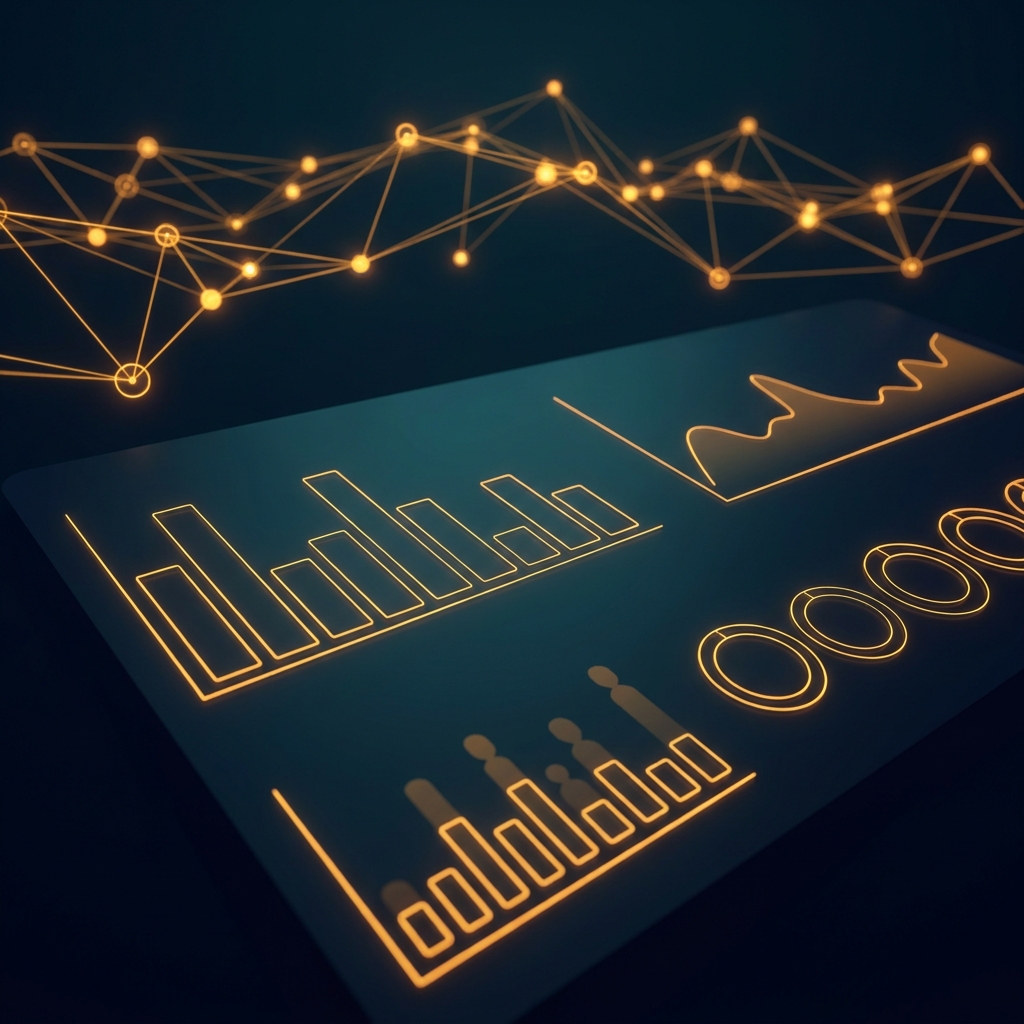 Abstract illustration of SEO ranking software dashboard showing hollow metrics with hidden ranking inputs glowing behind it