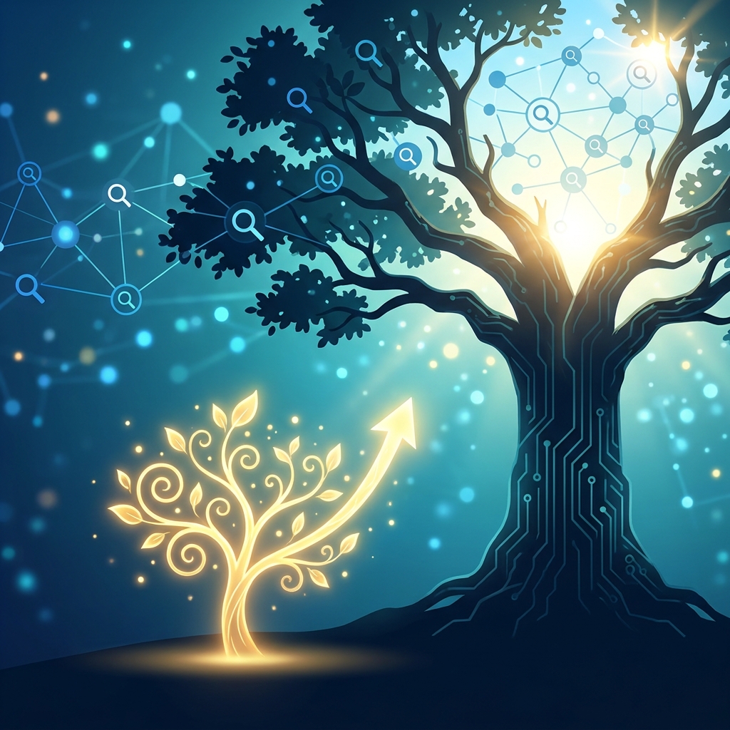 Small brand sapling rising alongside large competitor tree, illustrating how to compete with larger brands using content marketing