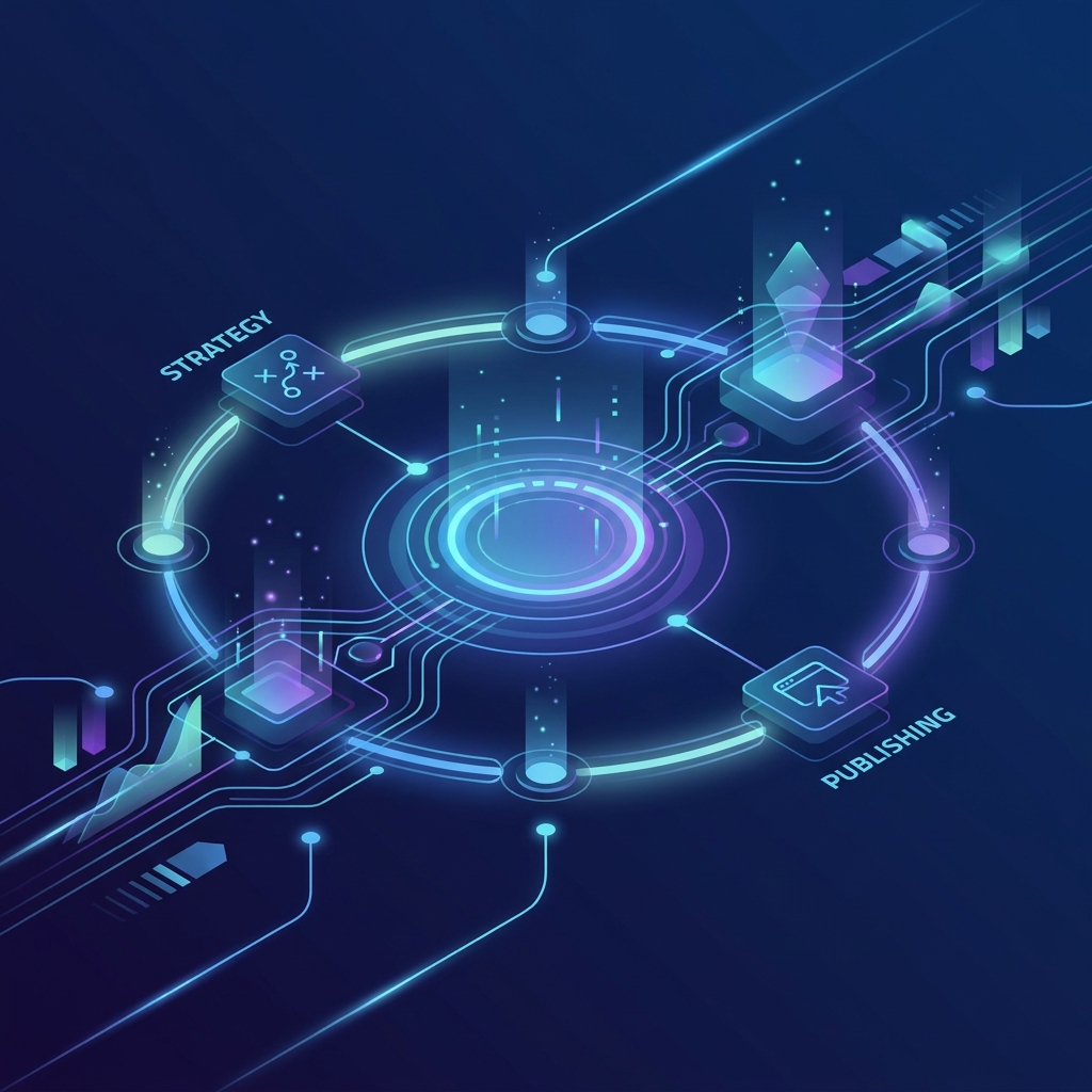 Generative AI for content marketing teams illustrated as a glowing automated workflow ecosystem on dark background