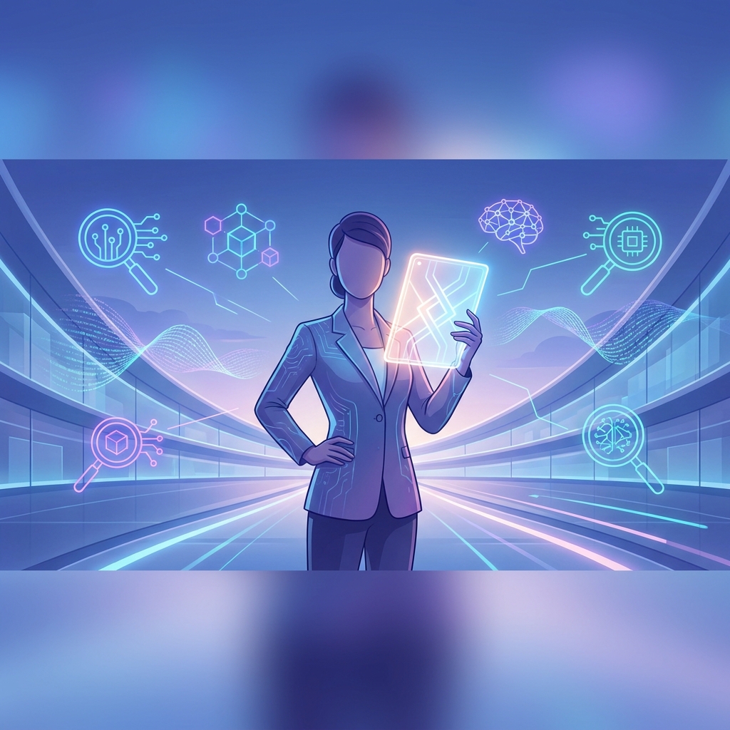 Professional holding a glowing AI certification badge surrounded by generative engine optimization credential symbols