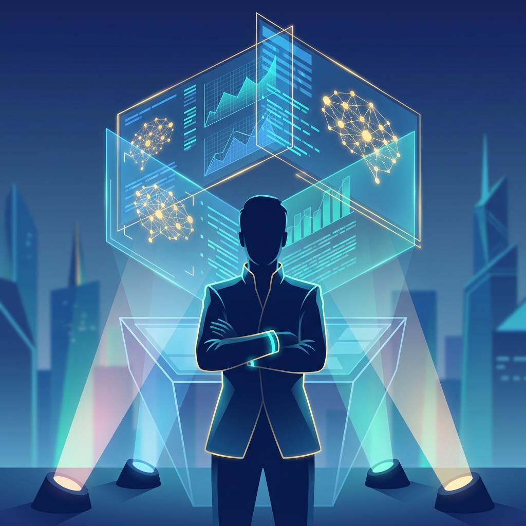 Professional evaluating recommended generative engine optimization software on a futuristic AI-powered dashboard