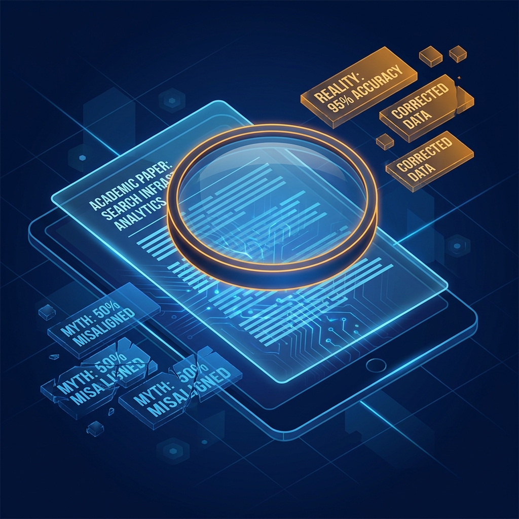 Conceptual illustration representing the generative engine optimization paper with layers of data revealing research misreadings