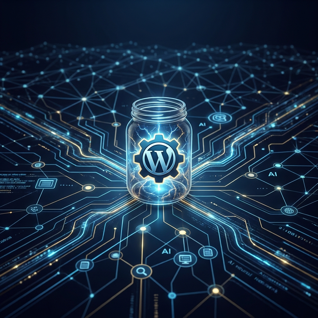 Generative engine optimization WordPress plugin concept showing a small tool within a vast AI search ecosystem