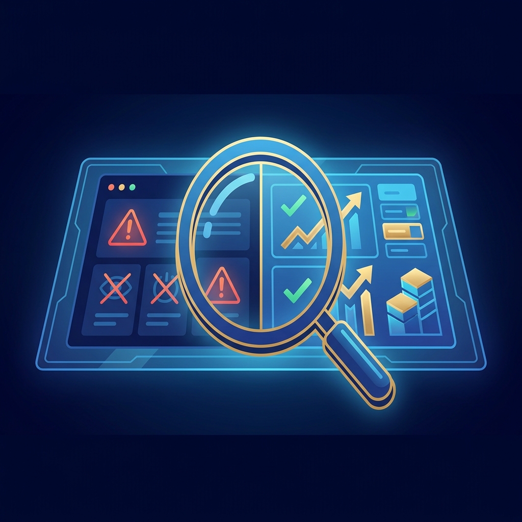 Illustration contrasting SEO audit diagnostics versus actual optimization results, representing free SEO optimization software capabilities