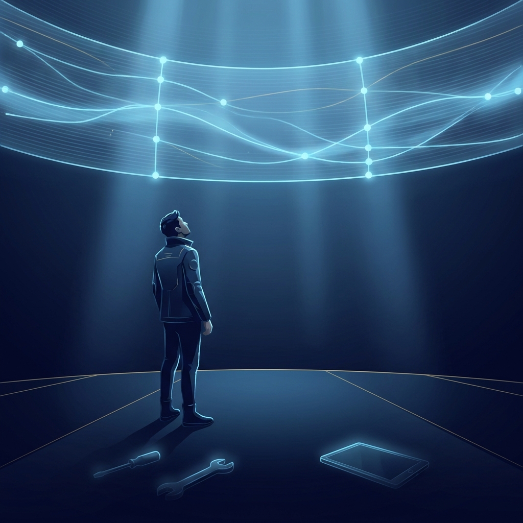 Figure standing beneath a glowing ceiling barrier representing the limits of free AI content creation tools
