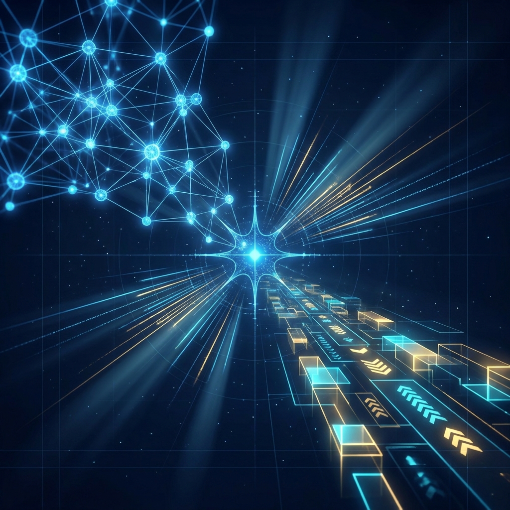 Conceptual illustration representing a generative engine optimization guide with AI network pathways and glowing roadmap nodes