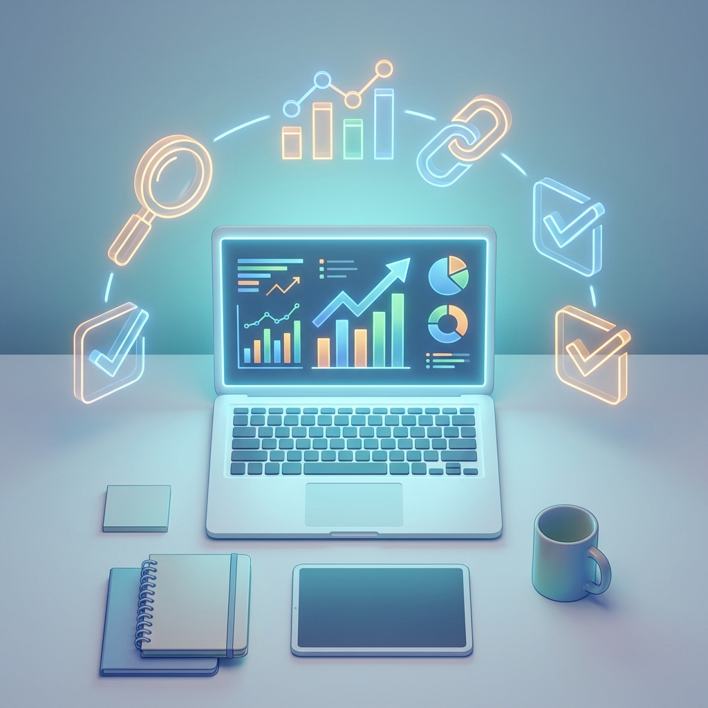 Illustrated overview of free SEO tools and software workflow with data dashboards and ranking charts trending upward