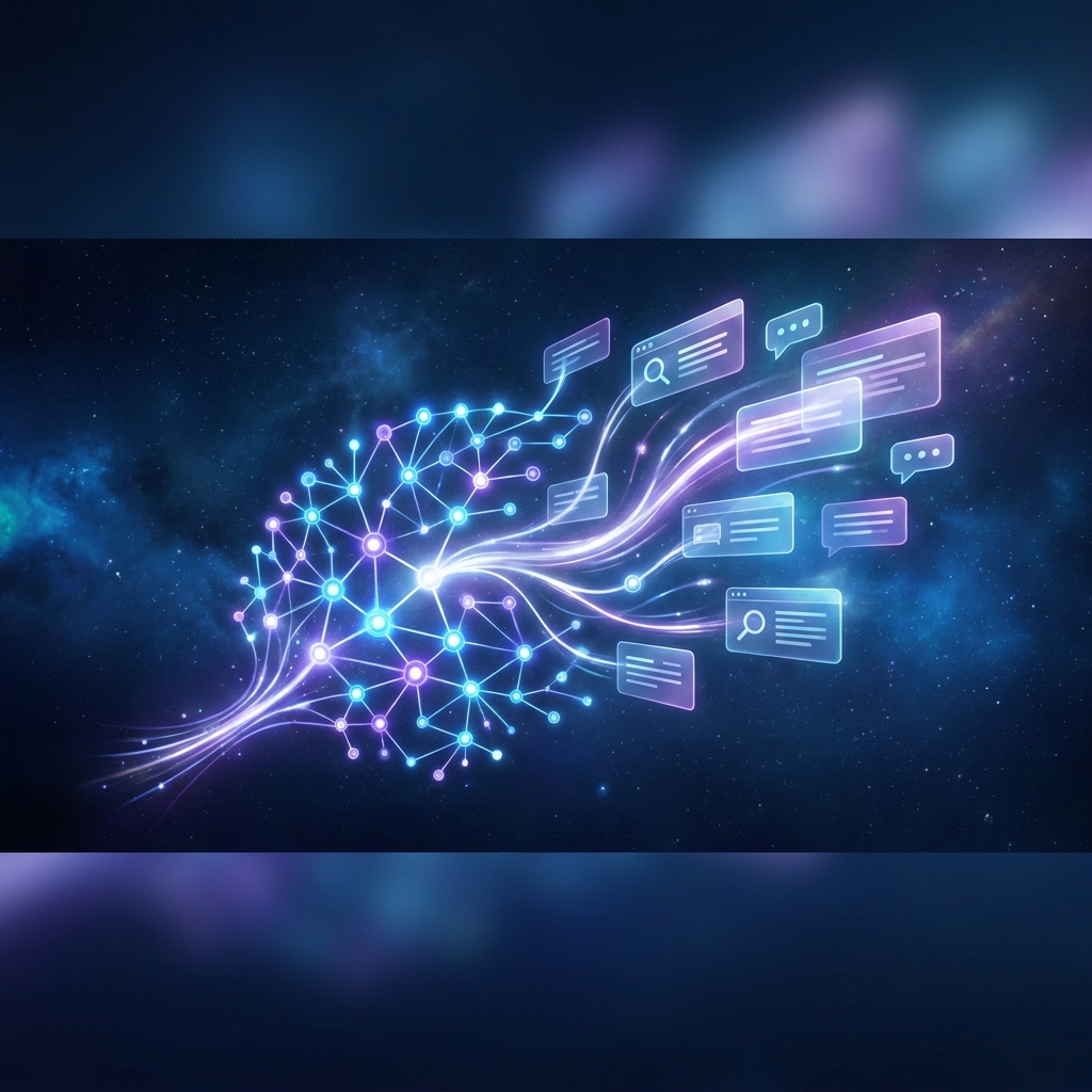 Generative engine optimization concept showing AI neural network surfacing content across digital search interfaces