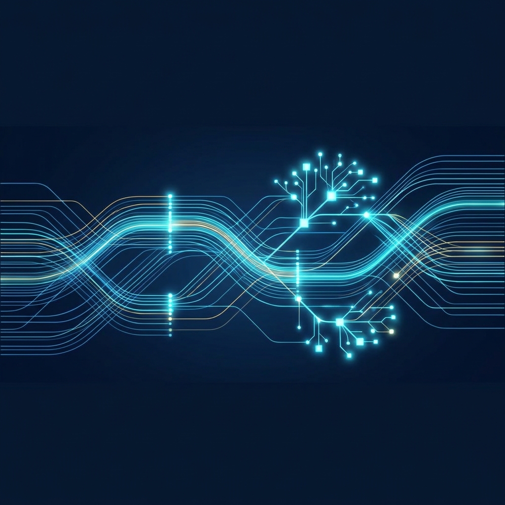 Abstract illustration representing generative engine optimization meaning through glowing AI neural pathways and structured data nodes