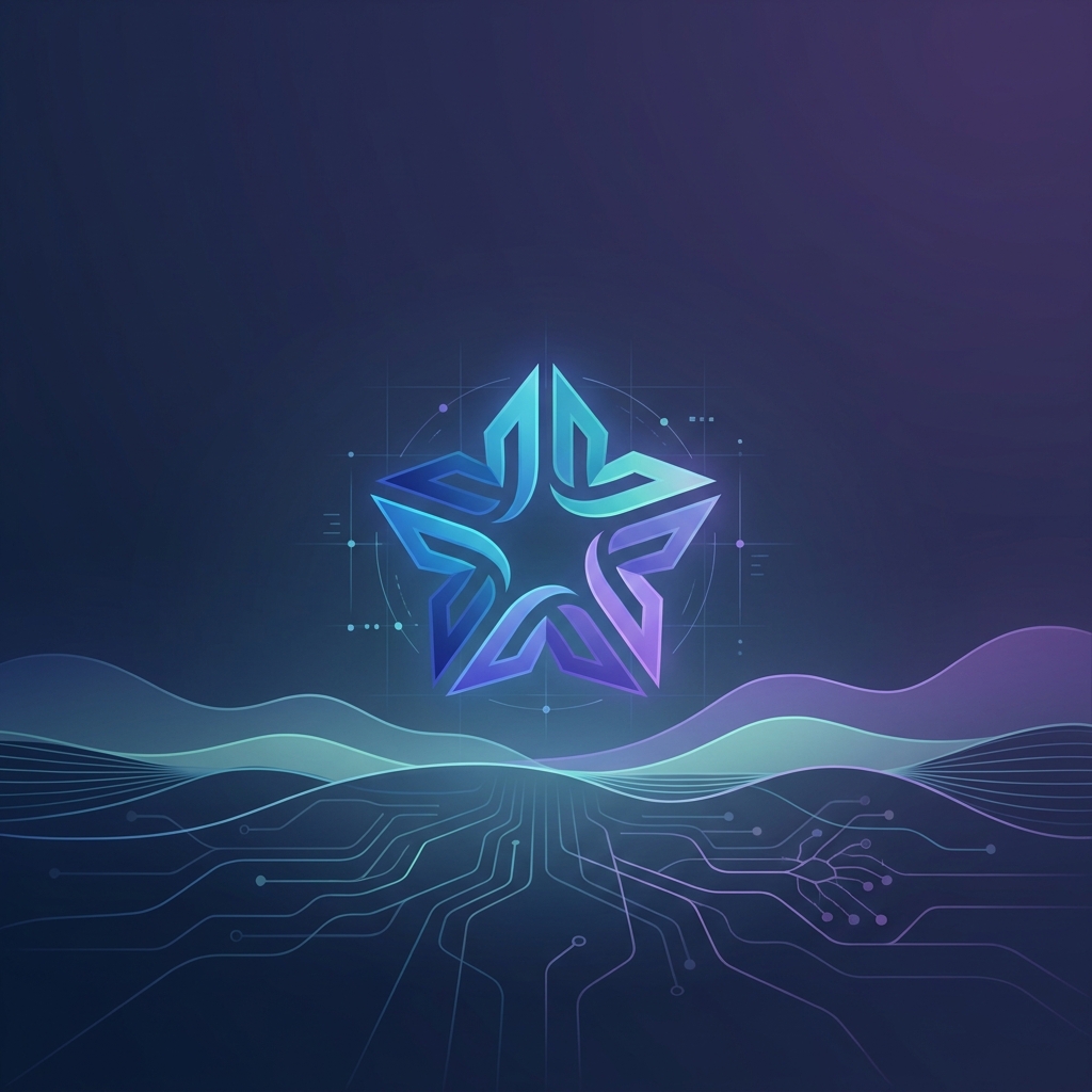 Glowing five-pillar generative engine optimization icon symbol on abstract digital background