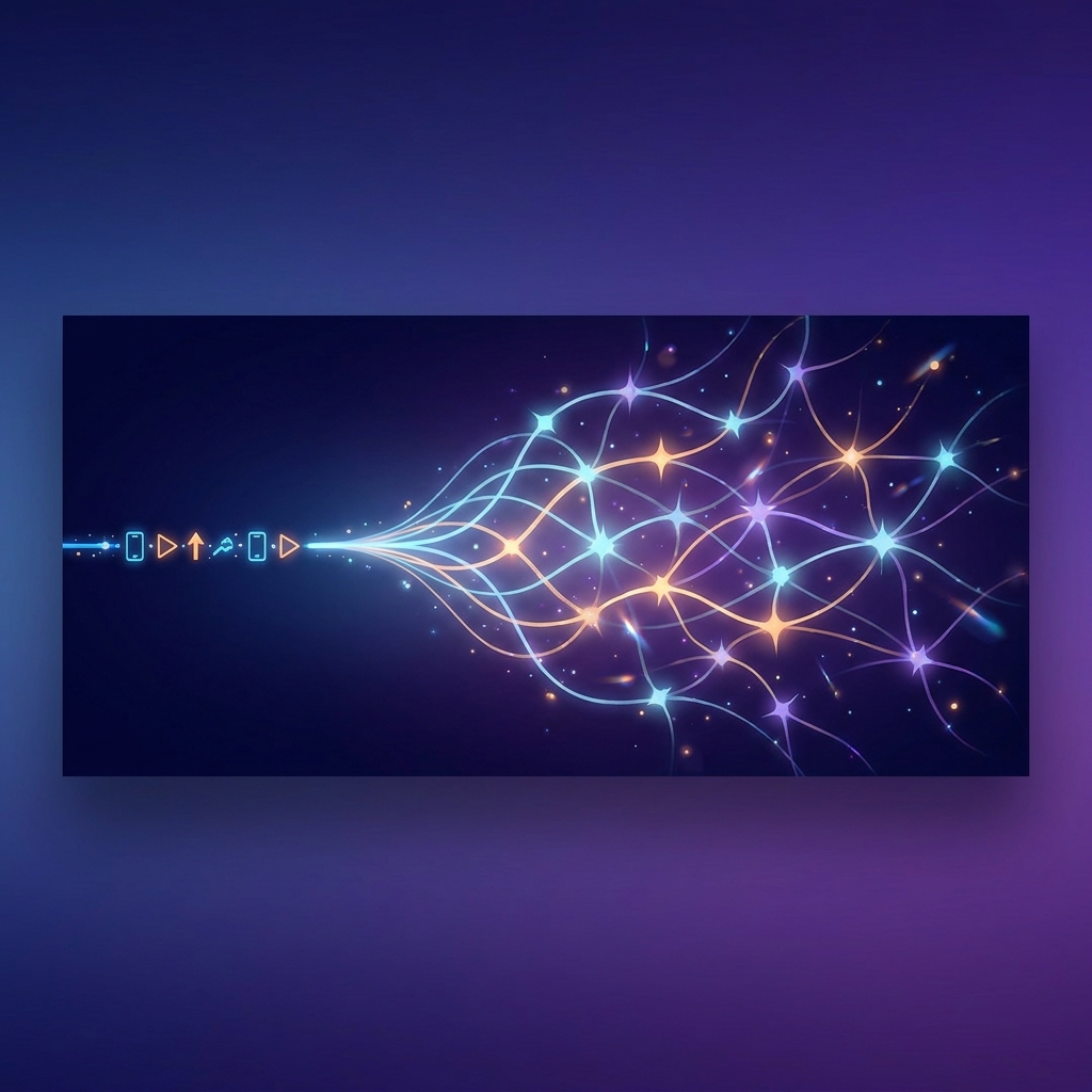 Glowing network illustrating evolution of zita viral content creator AI automation 2024 into 2026 search