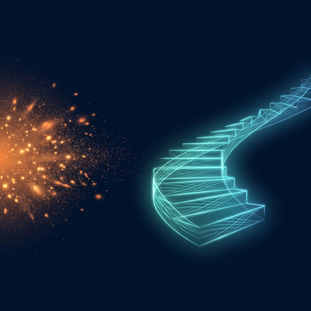 Abstract illustration contrasting fading spike with steady growth, symbolizing Zita viral content creator AI automation limits