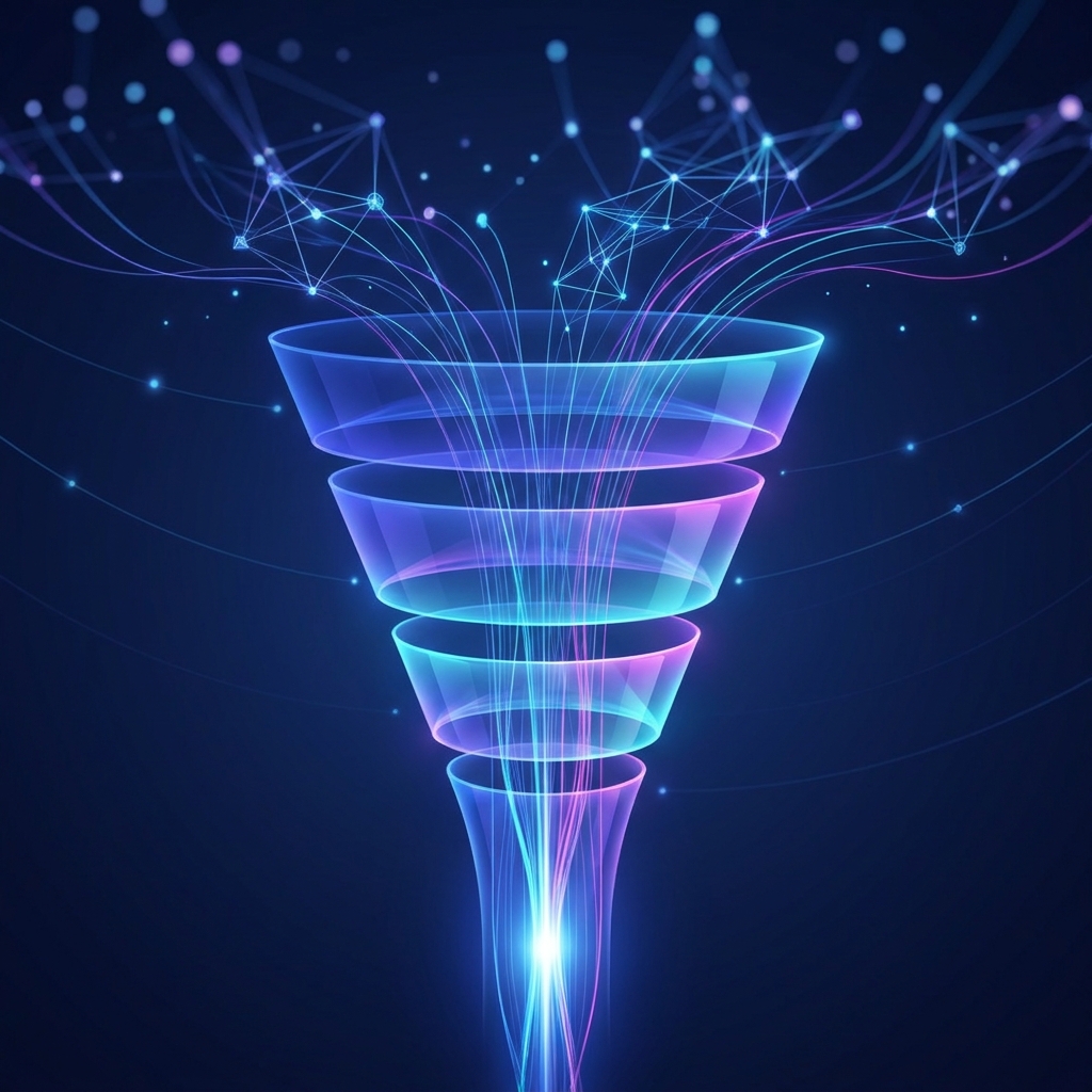 Glowing funnel illustration representing generative engine optimization marketing stages