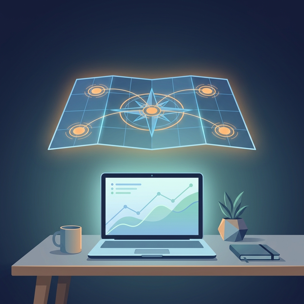 Illustration of a glowing map with connected nodes representing free AI tools for SEO optimization