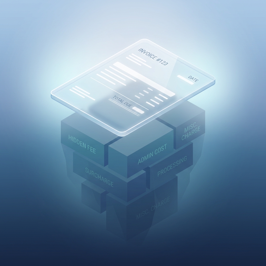 Conceptual image of hidden fees beneath a clean invoice, representing AI content agency pricing