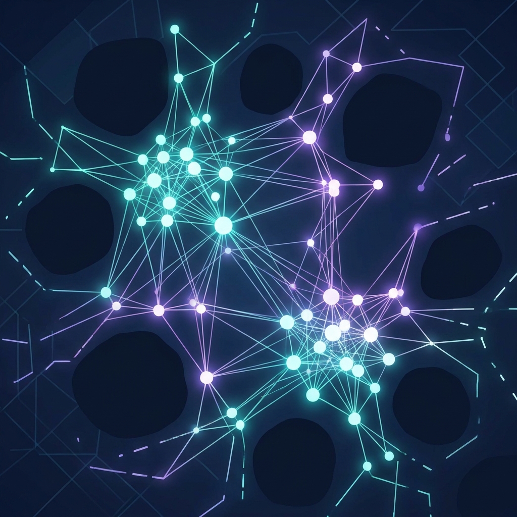 Glowing network visualization representing content gap analysis in Semrush strategy